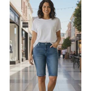 Kancan Bermuda Shorts Plus Size 1X Blue Denim Faded Whiskered Stretch